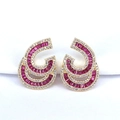 Curved golden earrings with red rectangular stones and sparkling clear crystals set in pave - Rose Red