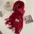 Solid deep red faux cashmere scarf featuring fringes and a minimal stitched woven label - Red