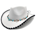 Cappello da cowboy in feltro bianco con fascia turchese e bordo smerlato nero - M(56-58cm) / Bianco