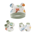 Set neonato in cotone con cappello guanti e calzini con stampe di animali verdi - Set da 3 Pezzi Scimmia Elefante Giraffa Verde