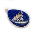 Lapis lazuli oval pendant with golden bee inlay for DIY necklace jewelry making - No.8-Bee