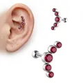 Curved stainless steel labret stud with five sparkling red crystals and screw ball back - Ball Style / Red