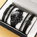 Men's quartz watch and beaded bracelet set with tree of life pendant in black gift box - Tree of Life Black Set S01748 (Watch And Bracelets)