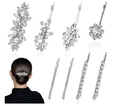 Silver hair clips set with rhinestones and pearls in various floral and leaf shapes - 8-Piece Style 19