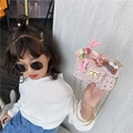 Pink tweed mini crossbody bag for girls featuring cute bunny doll and floral charms - Rabbit Style / Pink