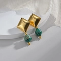 14K gold plated rhombus earrings with green malachite beads on a white silk surface - Watermelon Green