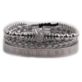 Men's silver Roman numeral cuff and braided crown bead bracelet 3-piece set - Three-Piece Set / Silver