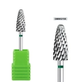 Macro detail of alloy nail drill bit with fine cross-cut texture and green storage case - Green Ring Cylindrical Drill Bit (OMWGY05)