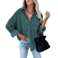 Women's oversized corduroy long sleeve shirt in dark teal green with buttoned pocket - Forest Green