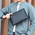 Men's black woven leather clutch bag with wrist strap in classic business style - Large / Black