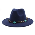 Detail of navy blue felt fedora with turquoise stone and gold chain leather band - M (56-58cm) / Navy Blue