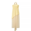 Detail view of the layered asymmetric hem and light mesh fabric on a yellow dress - S / Yellow