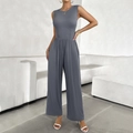 Women's casual sleeveless wide-leg jumpsuit in grey with a cinched waist design - S / Dark Gray