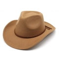 Close-up of khaki wool felt cowboy hat with dark brown braided rope and tassel detail - M (56-58cm) / Khaki