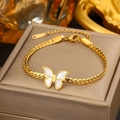 Gold-plated stainless steel butterfly charm bracelet with flat snake chain and white shell inlay - Gold MOP Butterfly Snake Chain (JX710)