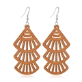Detailed macro view of three-tier hollowed wood fan earrings with natural grain texture - Style 36/Triple Layer Fan Hollow Log
