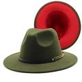 Two-tone wool fedora hat in olive green and red with gold chain trim and black band - Army Green + Red