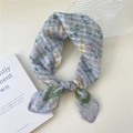Floral cotton linen square scarf in blue and green flower pattern with light knot - 58*58cm / 24 Stripe Base-Iris Blue