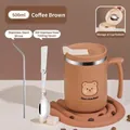 500ml bruine 304 roestvrijstalen koffiemok met rietje en lepel set met beer motief - Beker + Opvouwbare Lepel + Rietje / koffiekleur