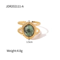 Detail of vintage gold dual-band open ring featuring green oval stone and twisted texture - Double Ring Twisted Green Stone Style (JDR202111-A)