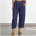 Detail of navy blue wide leg cropped pants with natural linen blend texture - M / Bottoms / Navy Blue