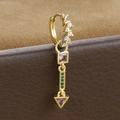 Macro shot of gold teardrop earrings with purple zircons and green diamond accents - Gold-Geometric Multicolor Drop / 1PC