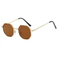 Polygonal gold metal sunglasses with brown lenses and black temple tips for stylish women - Gold Frame Tea Lens