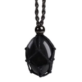 Macro view of hand-woven black cord mesh wrapping a polished obsidian gemstone pendant - Black Agate Tumbled Stone / Stones Approx 2-3cm / Tumbled Black Onyx with Black Bead and Black Mesh Pouch