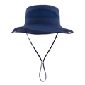 Detail of navy blue sun hat showing breathable mesh top and adjustable white chin strap - Navy Blue
