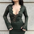 Deep green lace long sleeve tee with sheer V-neck and retro flared cuffs for women - S / Green