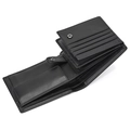 Detailed view of genuine leather tri-fold wallet with coin pocket and multiple card slots - Black Plain