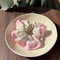 Pink plaid scrunchie with cute bear embroidery and button on a wooden table setup - Pink Plaid - Contrast Dog Scrunchie