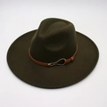 Detailed close-up of dark green felt fedora hat with brown leather belt buckle strap - Army Green (Heart Buckle)