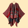 Detail of knit shawl featuring geometric diamond patterns in red, grey and navy blue - Rhombus Colorful Stripe Rose / 130*150cm