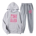 Survêtement décontracté en polaire grise avec imprimé floral rose et sweat à capuche unisexe - L (XXL) / Haut Et Bas / Gris (56)