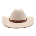 Chapeau de cowboy beige en feutre de laine avec bande en cuir tressé et gemmes orange - M (56-58cm) / Blanc Cassé