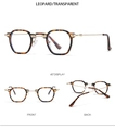 Retro leopard print glasses with golden metal temples shown from multiple angles - Demi Frame Clear Lens