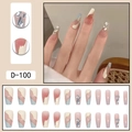 Long coffin press-on nails with blue gradient, marble patterns and rhinestone accents - French Gradient Marble & Rhinestone Style (D-100) / 24 Pcs/Set