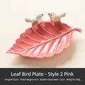Pink leaf-shaped ceramic jewelry tray with white bird accents, size 22cm long - Green Leaf Bird Tray - Style 2 Pink