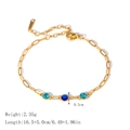 Gold paperclip chain bracelet featuring three round blue zircon stones on a white background - Blue Gem Paperclip Chain (JDB2312006-BE)