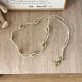 Detail of bohemian braided waist belt featuring green resin stones and tassel accents - Flat White Bead Green Bead - 154cm