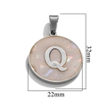 Stainless steel round pendant with pink shell inlay and letter Q, 32mm by 22mm - Steel Q