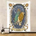 Detail of Leo zodiac tapestry featuring a woman riding a lion with fairy lights on a wall - Leo (GT220615)