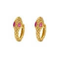 Golden snake hoop earrings with sparkling red gemstone eyes and detailed scale texture - Style A Red Eyes (Yellow Gold)
