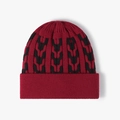 Winter thermal knit beanie in dark red with black patterns and thick fleece lining - Wine Red Jacquard Style (24B023酒红色)