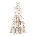 Abito lungo beige a pois neri con scollo all'americana e balze a strati per un look elegante - S / Beige a pois