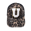 Distressed leopard print trucker hat with a white plush letter U patch and gold sequins - Letter U (Black Leopard)