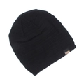 Close-up detail of black knitted beanie showing textured rib pattern and LEOS label - One Size / Black