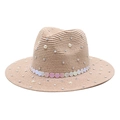 Straw sun hat with white pearls and iridescent sequins for women outdoor sun protection - M (56-58cm) / Pink