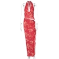 Detail van rode bloemen maxi-jurk met taille-uitsparing en split met ruches - S / Rood
